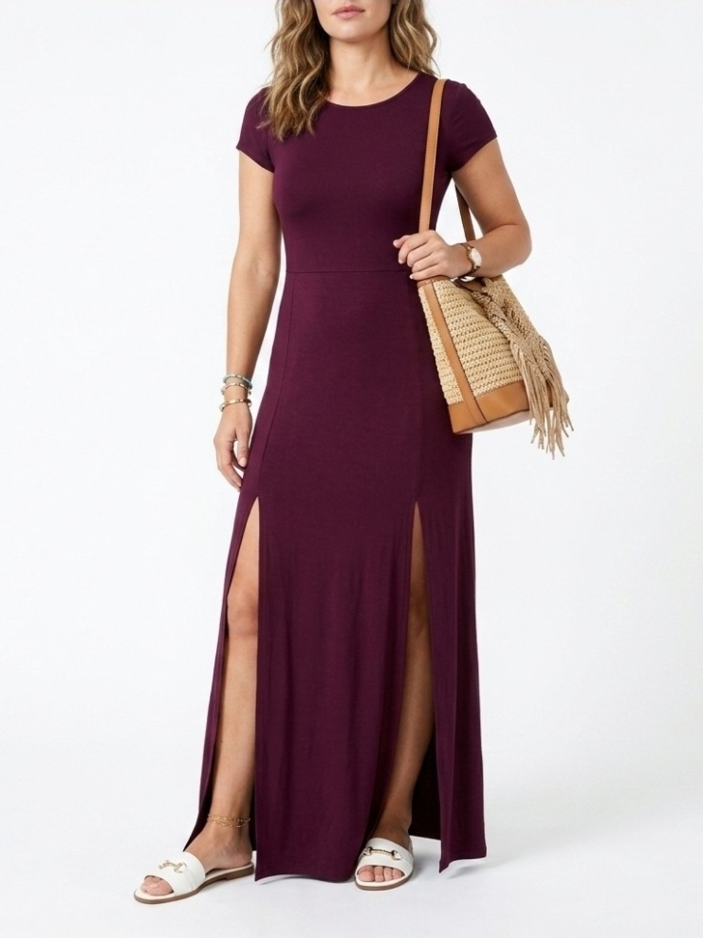 Boohoo Berry Short-Sleeve Maxi Dress with Double Front Slits